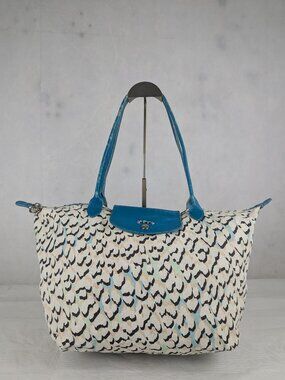 Used Longchamp Le Pliage Leopard Print Tote Shoulder Bag White.